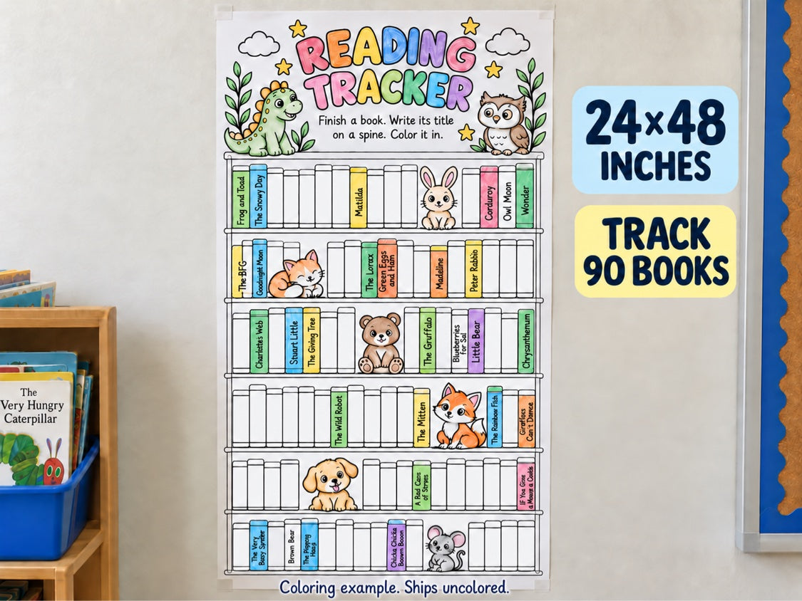 Reading Tracker coloring poster partly colored in, hanging on a wall