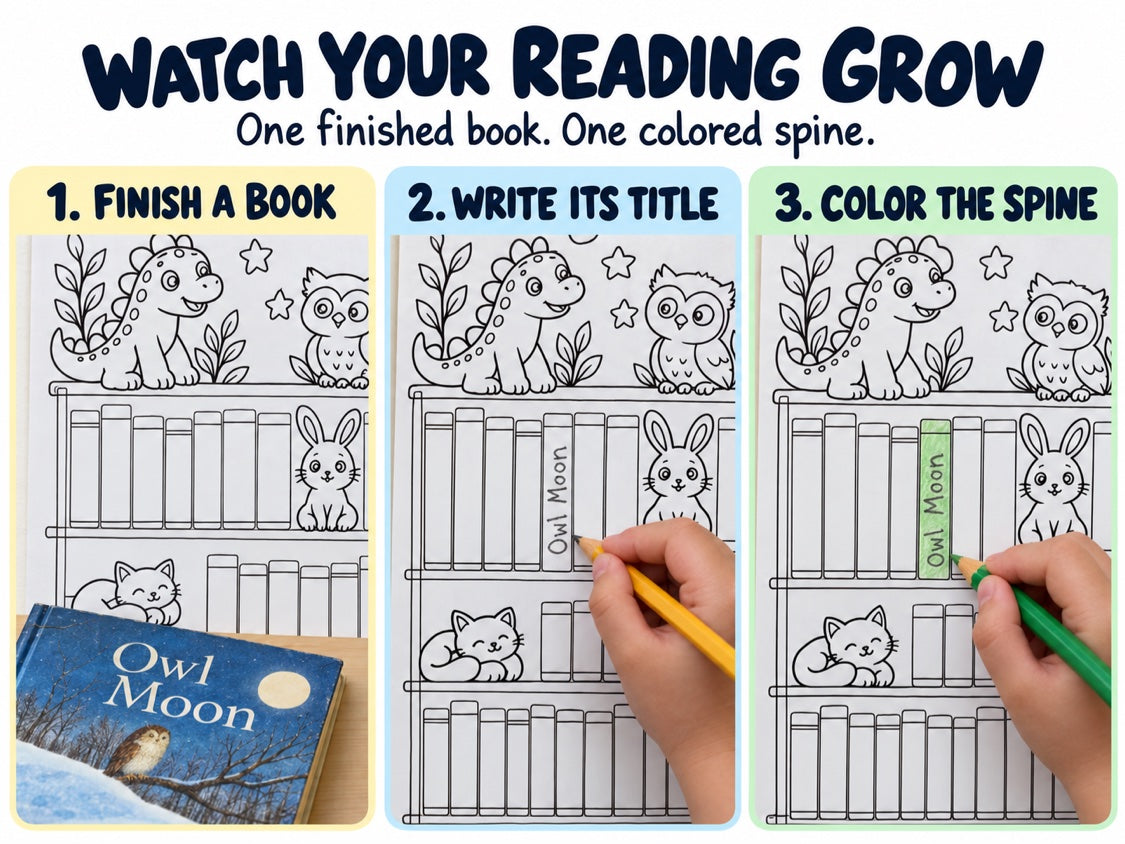 How the Reading Tracker works — write each book title on a spine and color it in