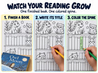 How the Reading Tracker works — write each book title on a spine and color it in