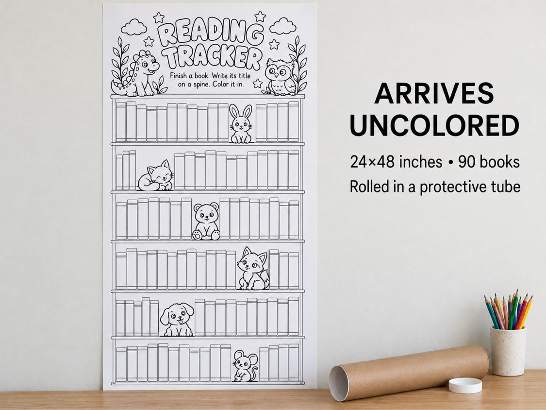 Reading Tracker poster as it arrives — uncolored bookshelf with 90 blank book spines