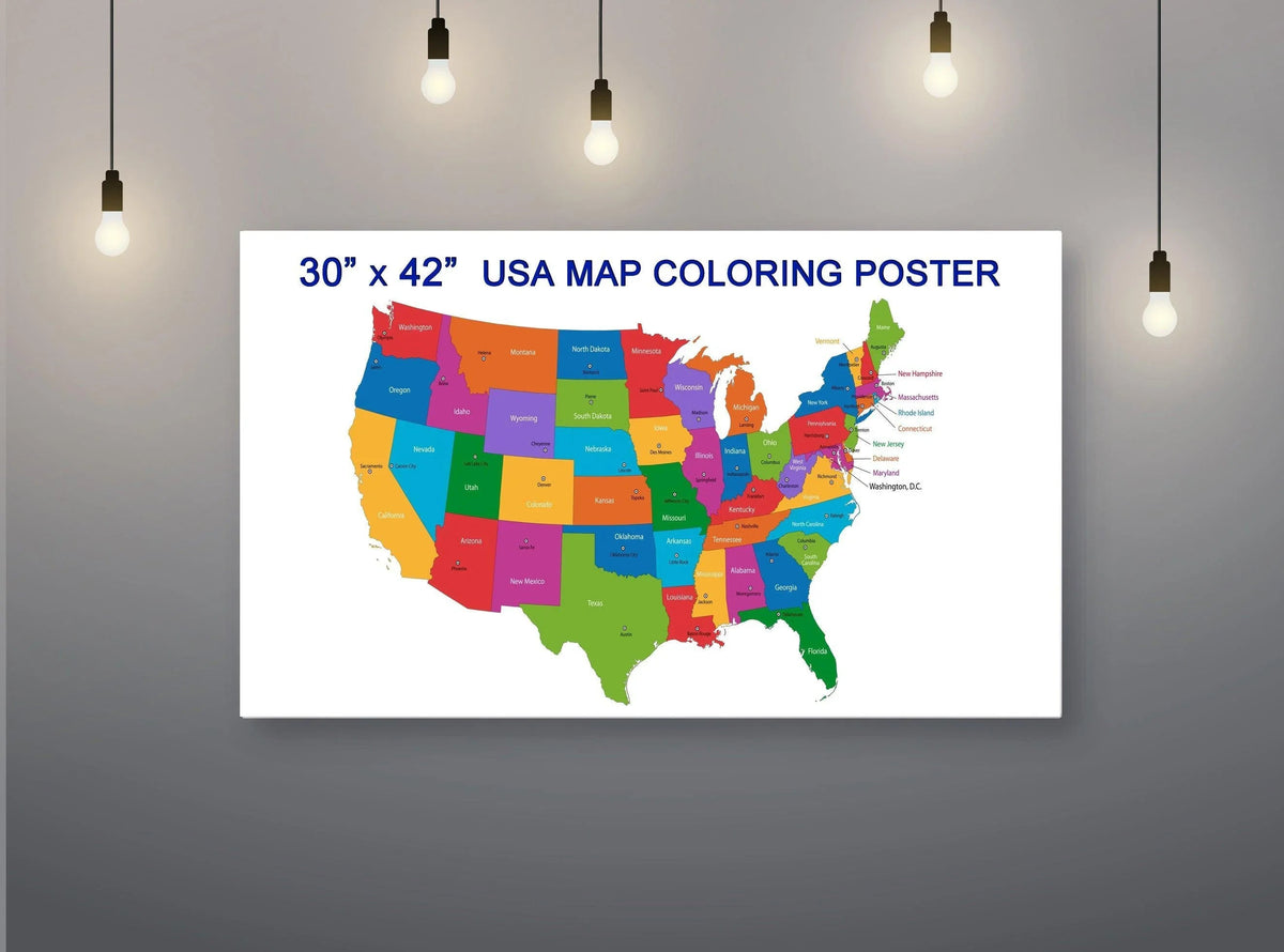 Continental USA map coloring poster hanging on a wall