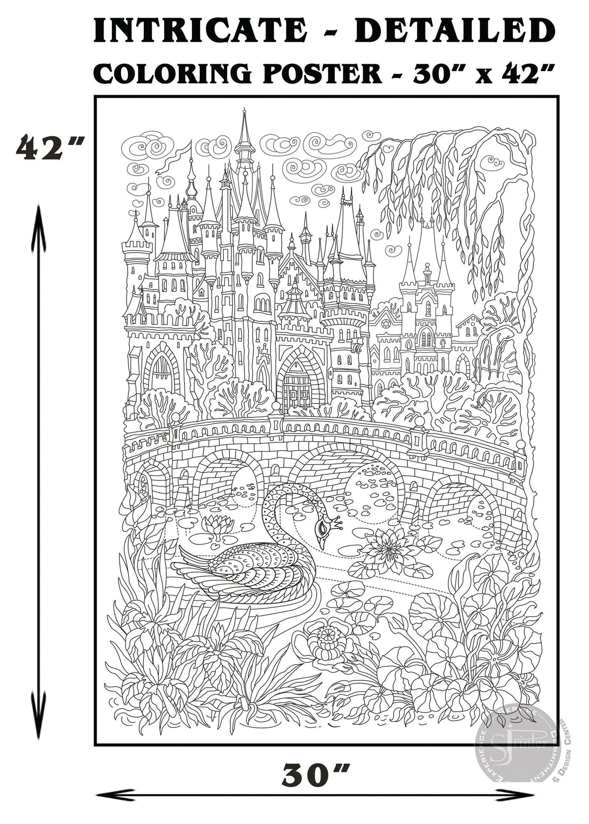 Castle coloring poster 30×42" – intricate line art, printed in USA