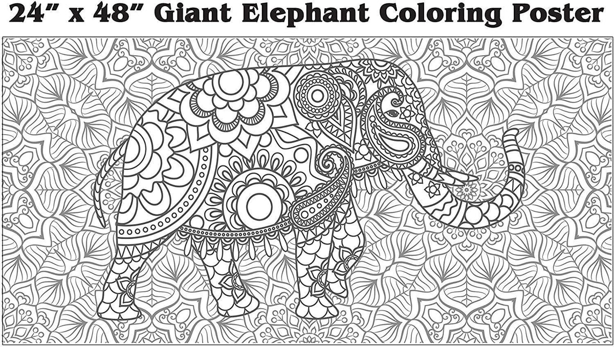 Giant Elephant Mandala coloring poster 24×48" – intricate line art, printed in USA