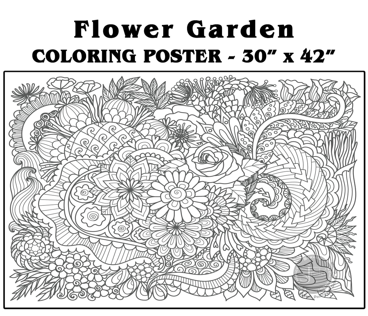 Flower Garden coloring poster 30×42" – intricate line art, printed in USA