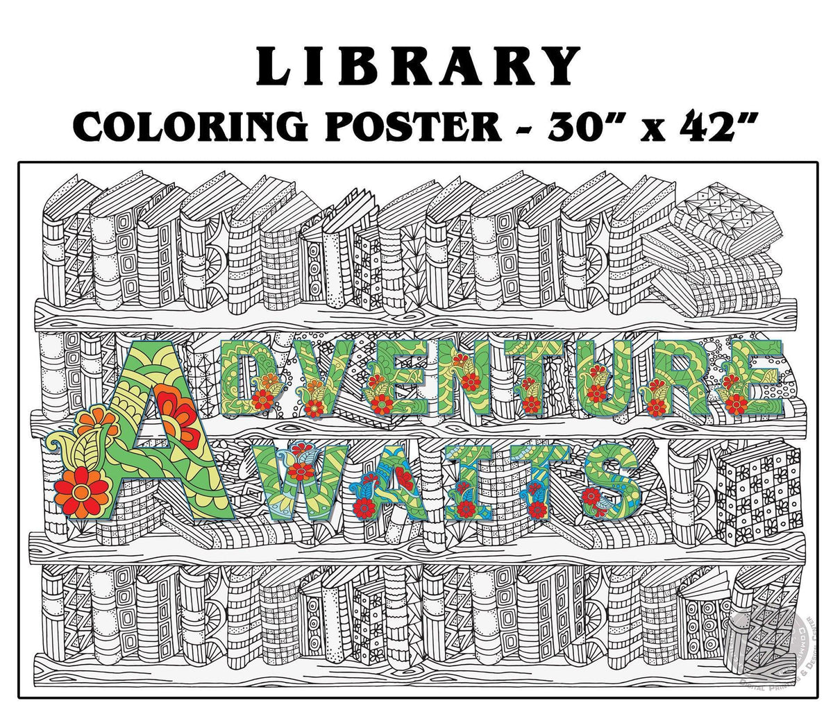 Coloring poster – Library, 30×42" – giant group coloring poster