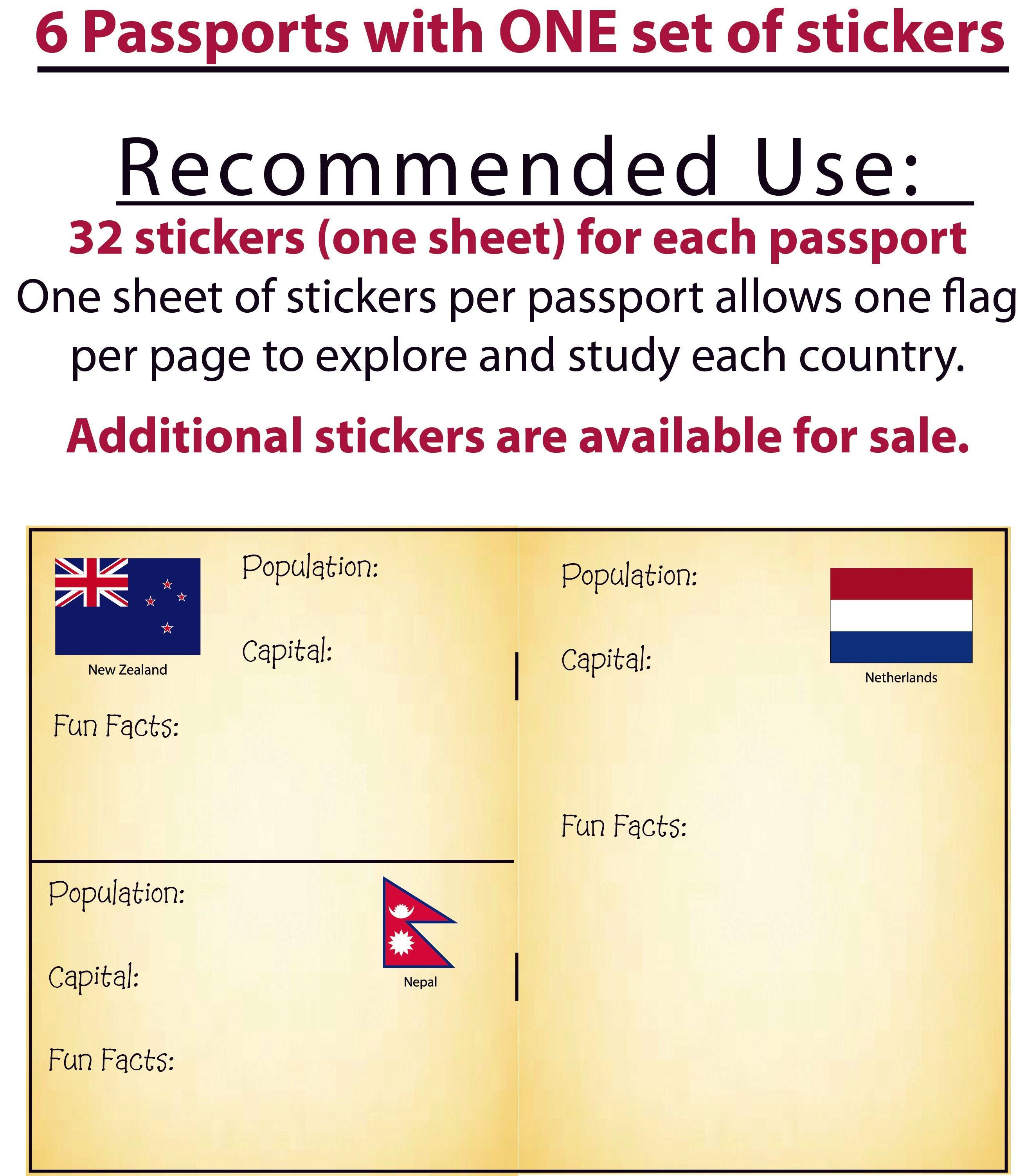 Pretend Passports - 6Pack with 1 set of World Flags Stickers - SJPrinter 