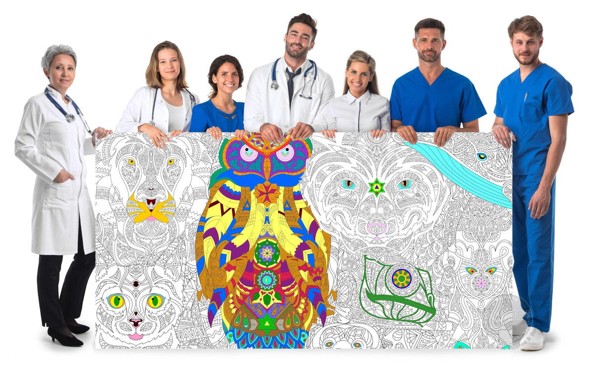 Coloring poster – ZOO ANIMALS MANDALA, 30×42" – giant group coloring poster