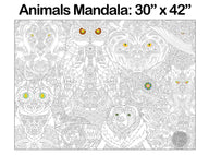ZOO ANIMALS MANDALA coloring poster 30×42" – intricate line art, printed in USA
