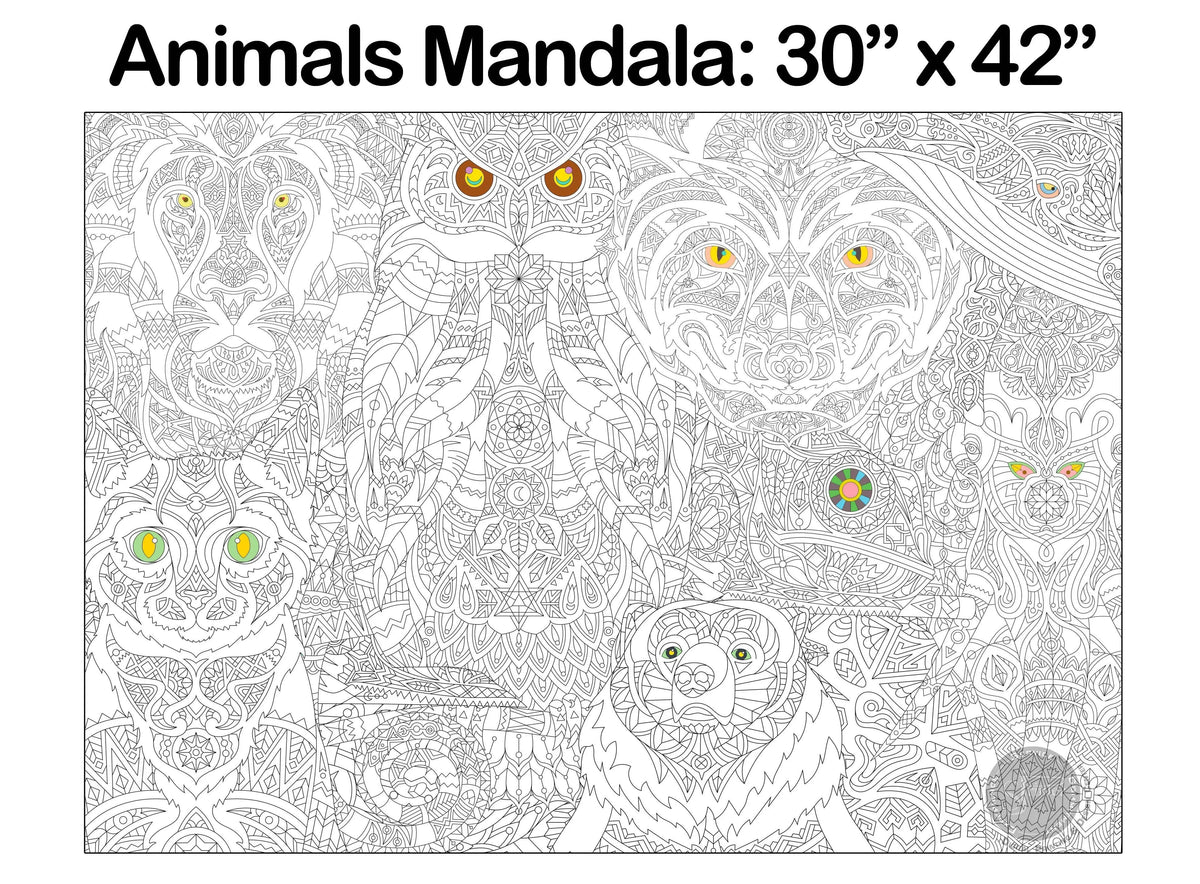 ZOO ANIMALS MANDALA coloring poster 30×42" – intricate line art, printed in USA