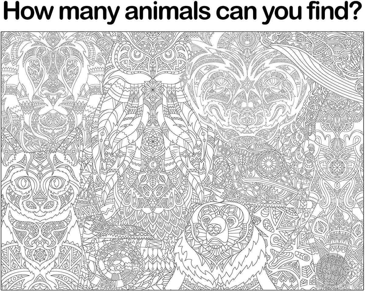ZOO ANIMALS MANDALA giant coloring poster 30×42" – wall-size group activity